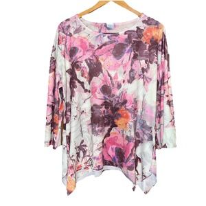 Time and Tru Women's Floral 3/4 Sleeve Ribbed Rhinestone Tunic Pink Size L 12/14